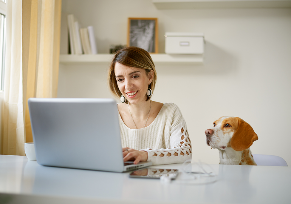 Frau am Laptop mit Hund daneben