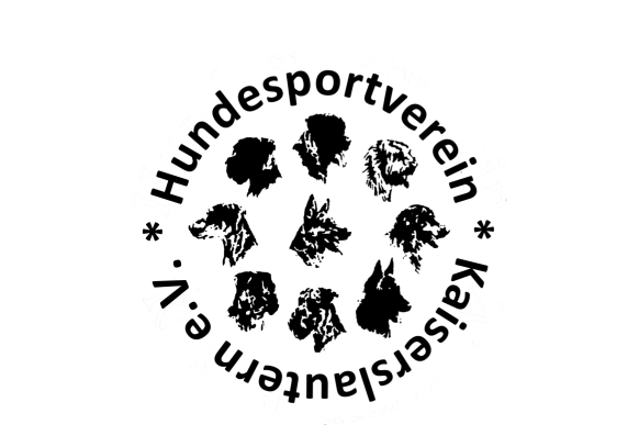 Logo des Hundesportvereins, Kreisförmiger Schriftzug Hundesportverein Kaiserslautern und in der Mitte schwarze, illustrierte Hundeköpfe