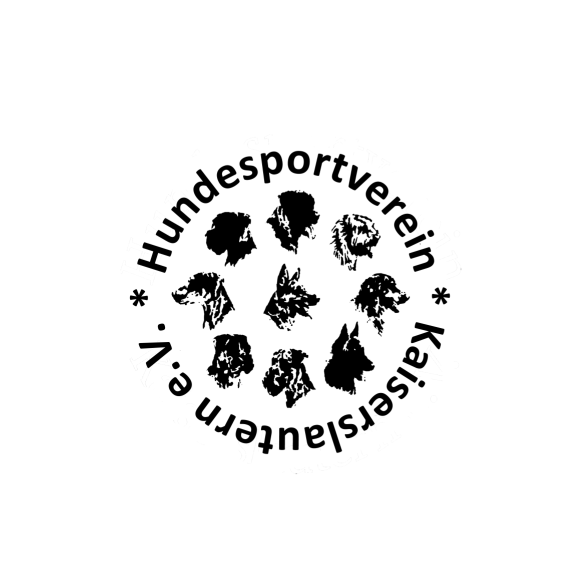 Logo des Hundesportvereins, Kreisförmiger Schriftzug Hundesportverein Kaiserslautern und in der Mitte schwarze, illustrierte Hundeköpfe